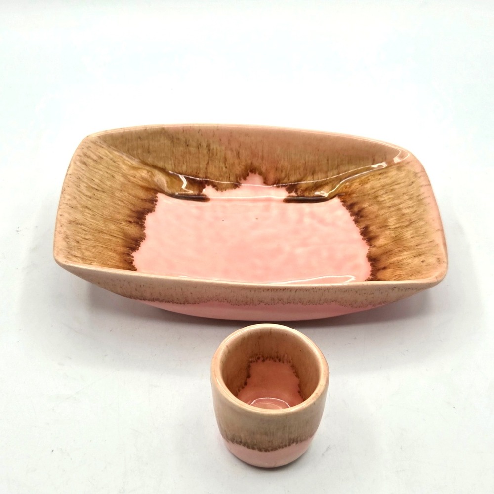 Winart‎ Pottery Pink & Brown Drip Glaze Bowl & Toothpick Holder RETRO 1950's
